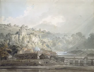 チェプストー、モンマスシャー、c.1791-92のビュー（グラファイトの表示の上にペンと黒インクで触れた水彩画）